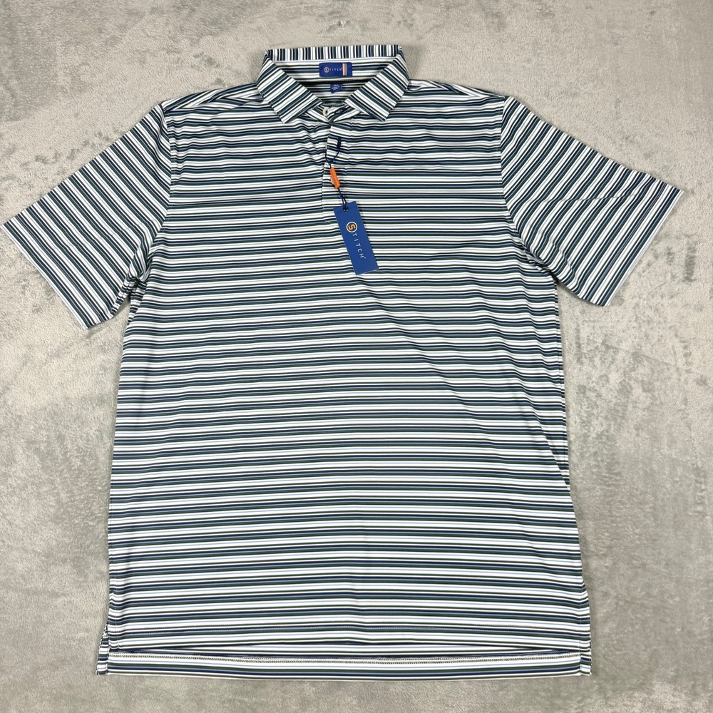 Stitch Mens L Polo Shirt Friars Stripe Fernwood Green Navy White